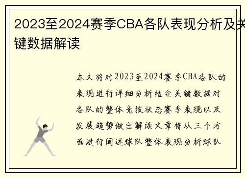 2023至2024赛季CBA各队表现分析及关键数据解读