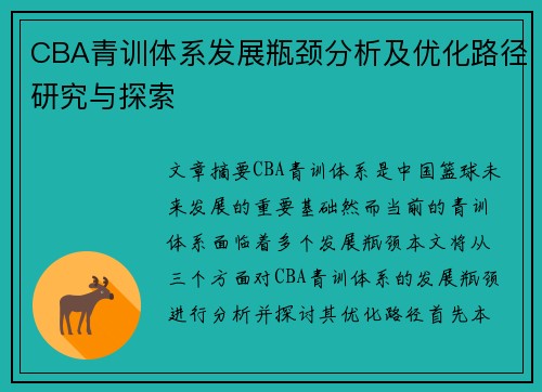 CBA青训体系发展瓶颈分析及优化路径研究与探索