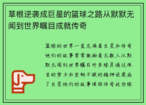 草根逆袭成巨星的篮球之路从默默无闻到世界瞩目成就传奇
